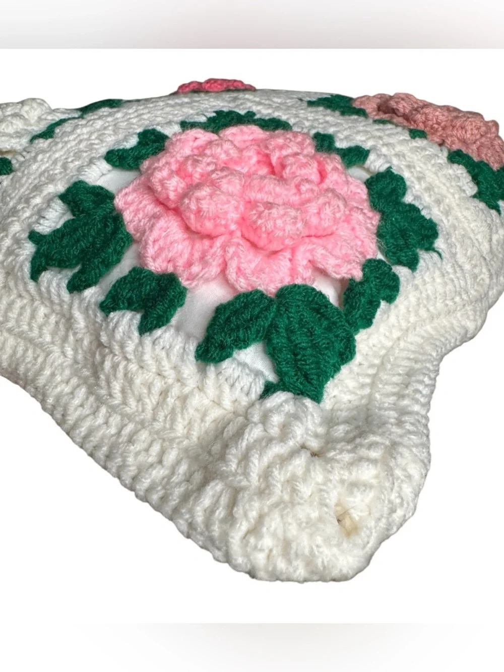 Handmade 16” 3D roses granny square pillow - different colors on each side!